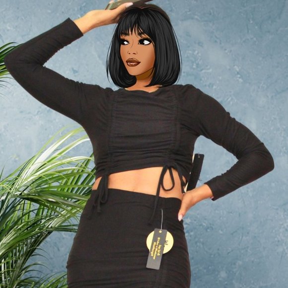 Feathers- Black Ruched Fitted Crop Top % Skirt set - Medium - Picture 3 of 4